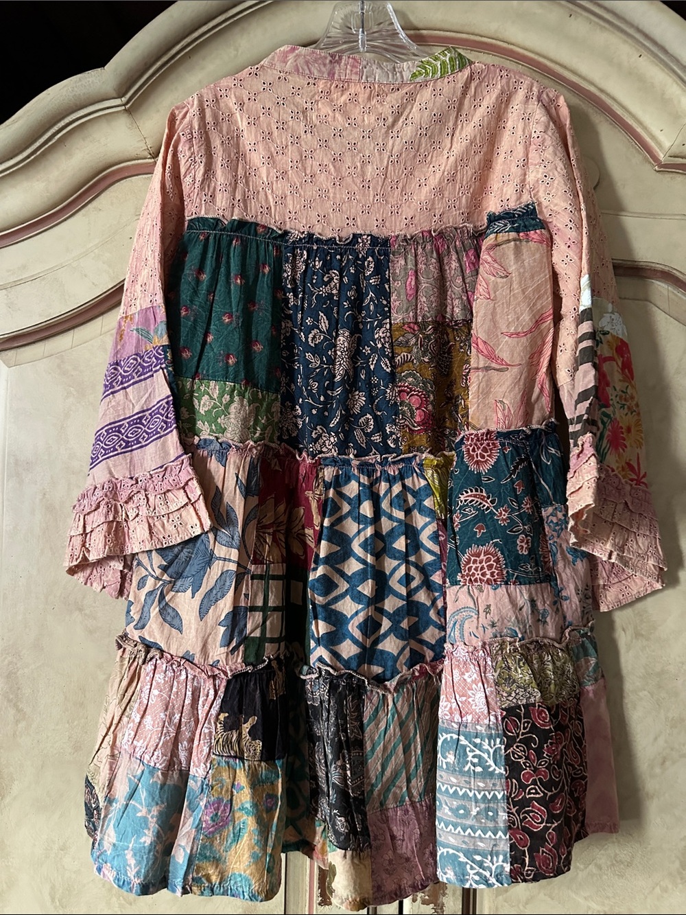POL Mineral Wash Peach Patchwork Tiered Tunic/Dress w/Eyelet Detail size Small - Picture 3 of 3
